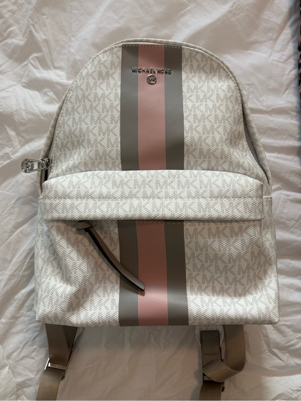 Michael Kors Slater White Backpack with Pink and Gray Stripes